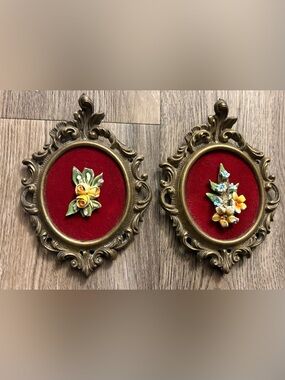Ornate Vintage Floral Wall Plaques - Red Velvet & Porcelain Flowers